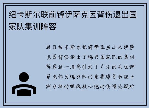 纽卡斯尔联前锋伊萨克因背伤退出国家队集训阵容
